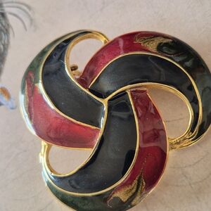 Red and Gold Swirling Brooch with Enamel Finish